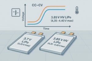 标准 3.7 V LiPo 和 3.85 V HV LiPo 的技术图解，带 CC-CV 曲线和保护/BMS 图标。