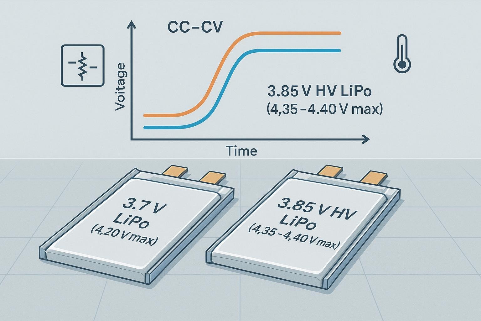 Ilustración técnica comparativa entre LiPo estándar de 3,7 V y LiPo HV de 3,85 V con curvas CC-CV e iconos de protección/BMS.