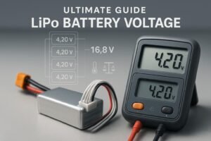 Cover image: LiPo pack with balance connector, DMM showing 4.20 V, and overlay of 4S pack voltages indicating 16.8 V total with CC–CV, temperature, and balancing icons.