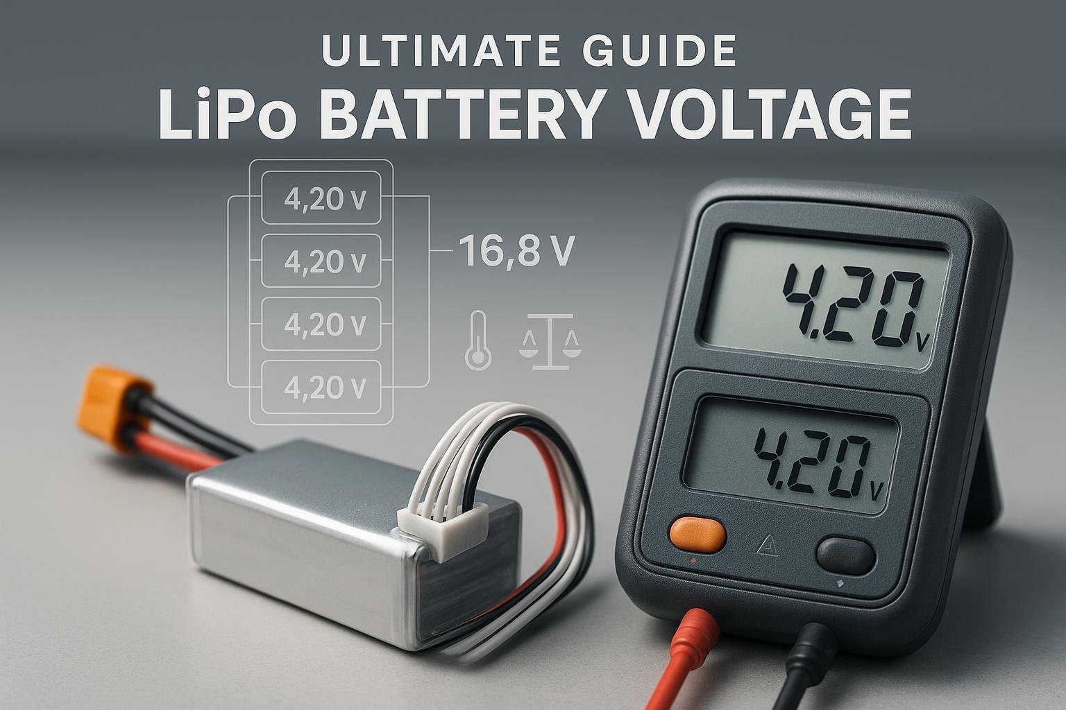 Cover image: LiPo pack with balance connector, DMM showing 4.20 V, and overlay of 4S pack voltages indicating 16.8 V total with CC–CV, temperature, and balancing icons.
