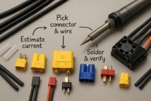 Workbench with common RC LiPo connectors (XT60, XT90-S, EC5, Deans, JST) and soldering tools arranged for a how-to guide.