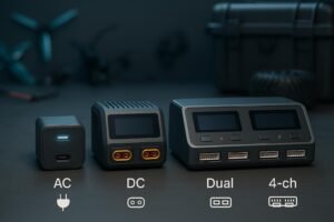 Lineup of AC/DC LiPo chargers for FPV drones, RC cars, and UAVs on a workshop bench