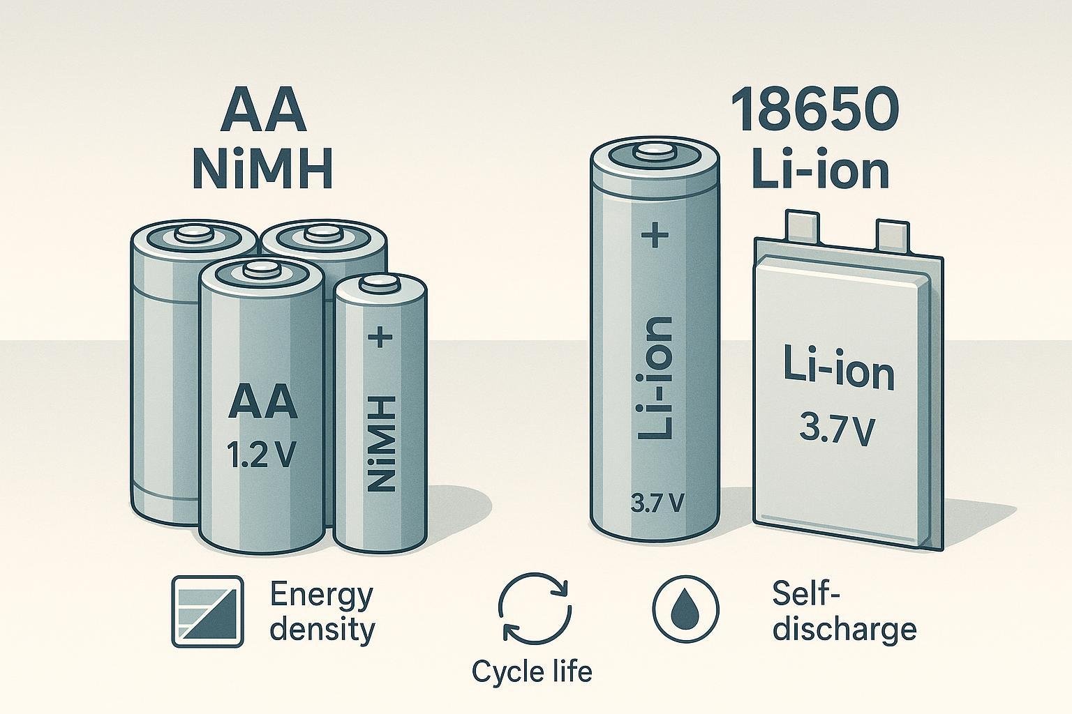 Illustration comparing NiMH AA cells (1.2 V) and lithium-ion cells (18650 and pouch, 3.7 V) with icons for energy density, cycle life, and self-discharge.