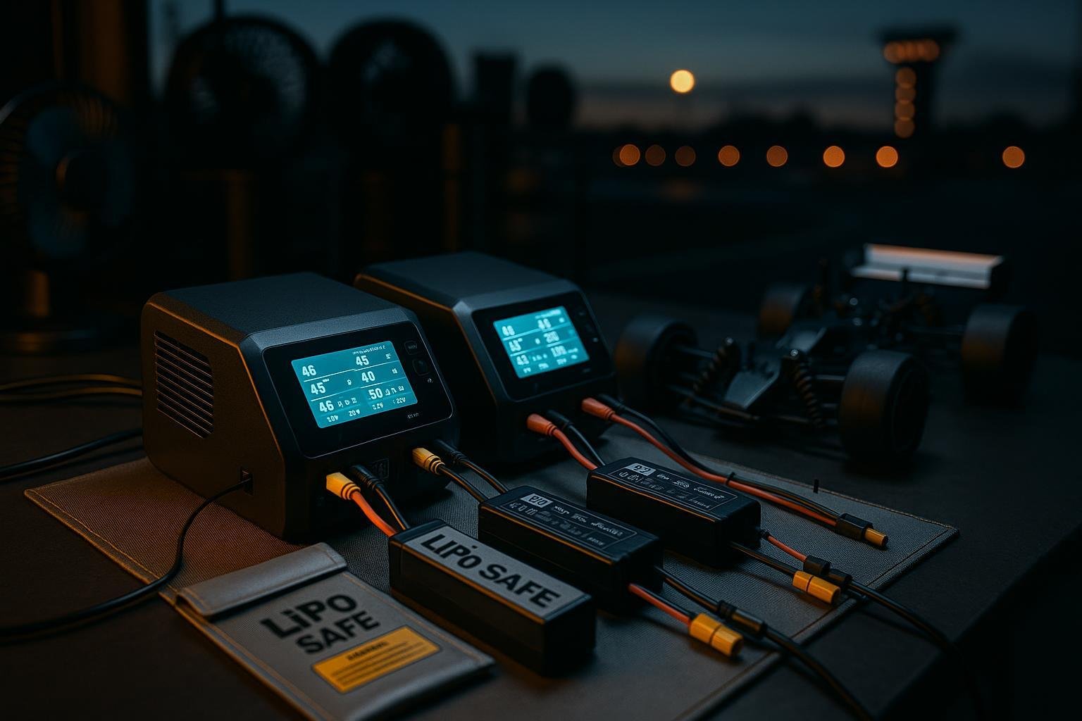 Dual-channel LiPo chargers powering RC car packs on a pit table at a night track.