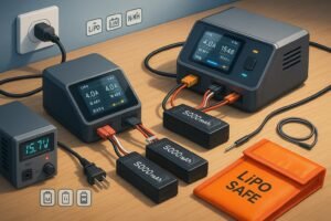 Isometric RC bench with dual- and single-channel LiPo chargers connected to 6S packs, showing AC/DC inputs and balance leads