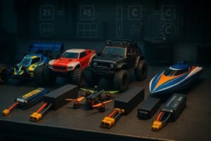 RC LiPo Battery Buyer’s Guide 2025 – cars, drones, boats, and battery packs with connectors on a workbench