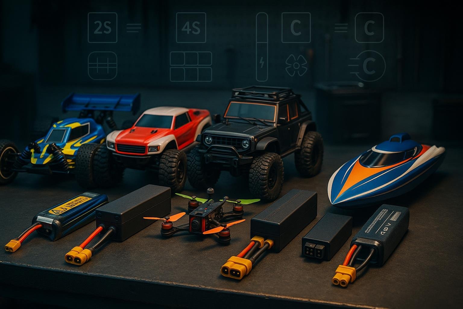 RC LiPo Battery Buyer’s Guide 2025 – cars, drones, boats, and battery packs with connectors on a workbench