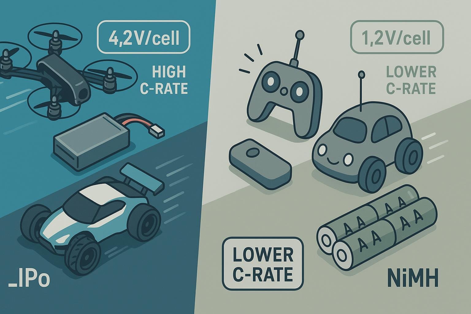 Split-scene cover: LiPo vs NiMH for RC, drones, and electronics (2025)