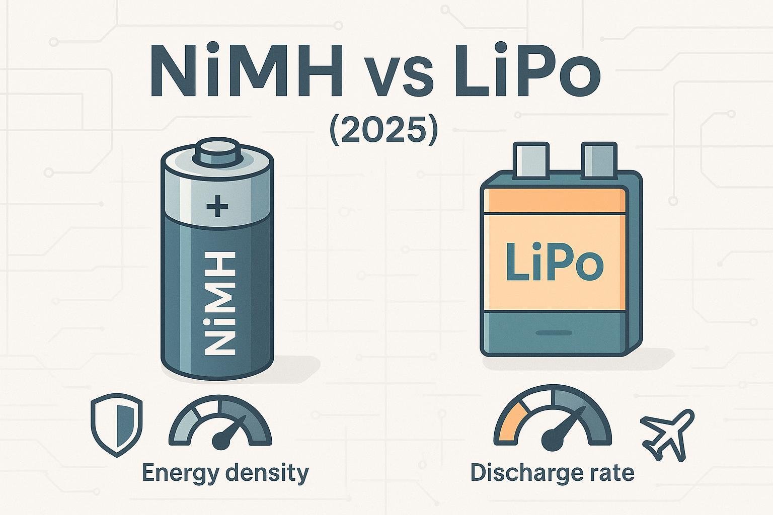 Cover image: NiMH vs LiPo (2025) comparison with AA cylinder and LiPo pouch icons, energy and safety symbols.