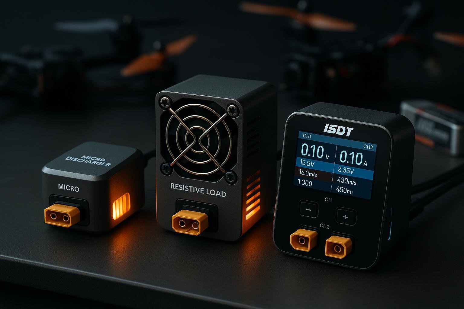 Lineup of LiPo battery dischargers and smart chargers for FPV/RC on a bench