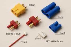 Top-down collage of common LiPo battery connectors with labels: XT60, EC5, Deans T, JST-RCY, PH2.0, and a JST-XH balance lead.