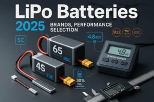 Cover image: LiPo Batteries 2025 — packs, IR meter, and compliance icons (UN38.3, IATA, IEC/UL) on a technical bench.