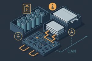 Isometric illustration of a lithium battery pack with BMS board, sensors, and CAN bus connections