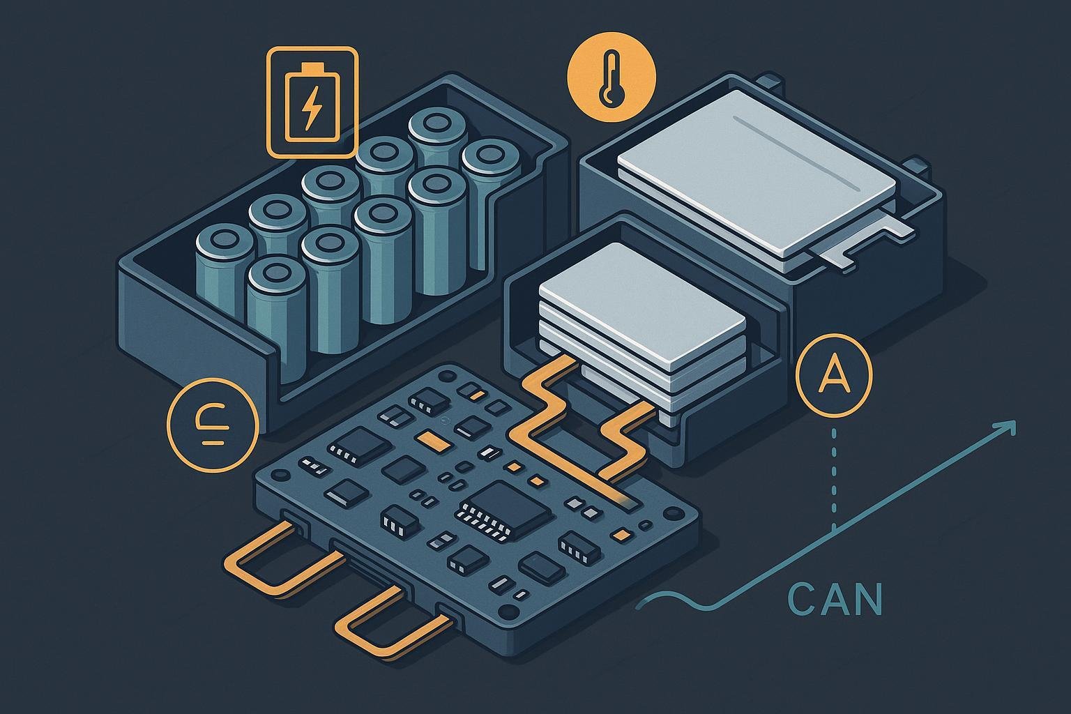 Isometric illustration of a lithium battery pack with BMS board, sensors, and CAN bus connections