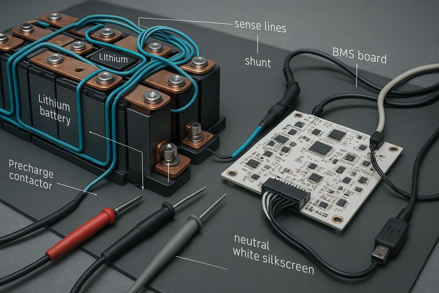 Lithium battery module plates interfacing with a BMS board via sense wires, shunt, thermistors, and contactor on an engineering bench.