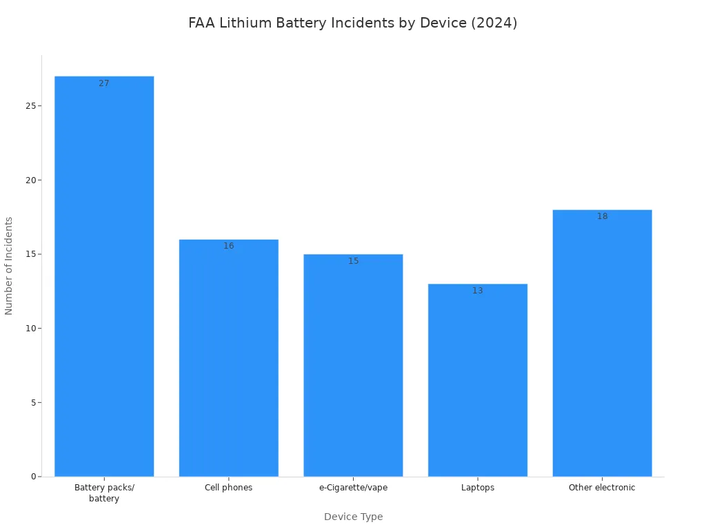A bar chart showing the number of FAA-reported lithium battery incidents on airplanes in 2024, categorized by device type. Battery packs/batteries have the most incidents at 27, followed by other electronics, cell phones, e-cigarettes/vapes, and laptops.