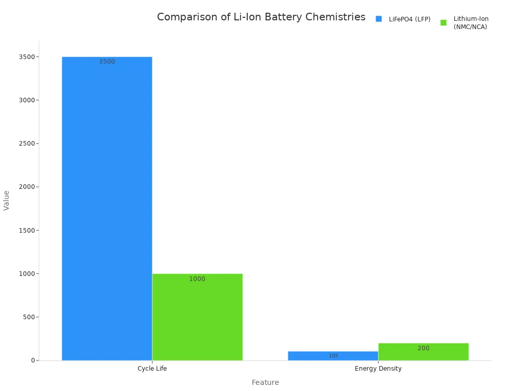 A bar chart comparing LiFePO4 (LFP)  and Lithium-Ion (NMC/NCA) batteries. The chart shows that LFP has a higher cycle life (3,500 cycles) compared to NMC/NCA (1,000 cycles), while NMC/NCA has a higher energy density (200 Wh/kg) compared to LFP (105 Wh/kg).
