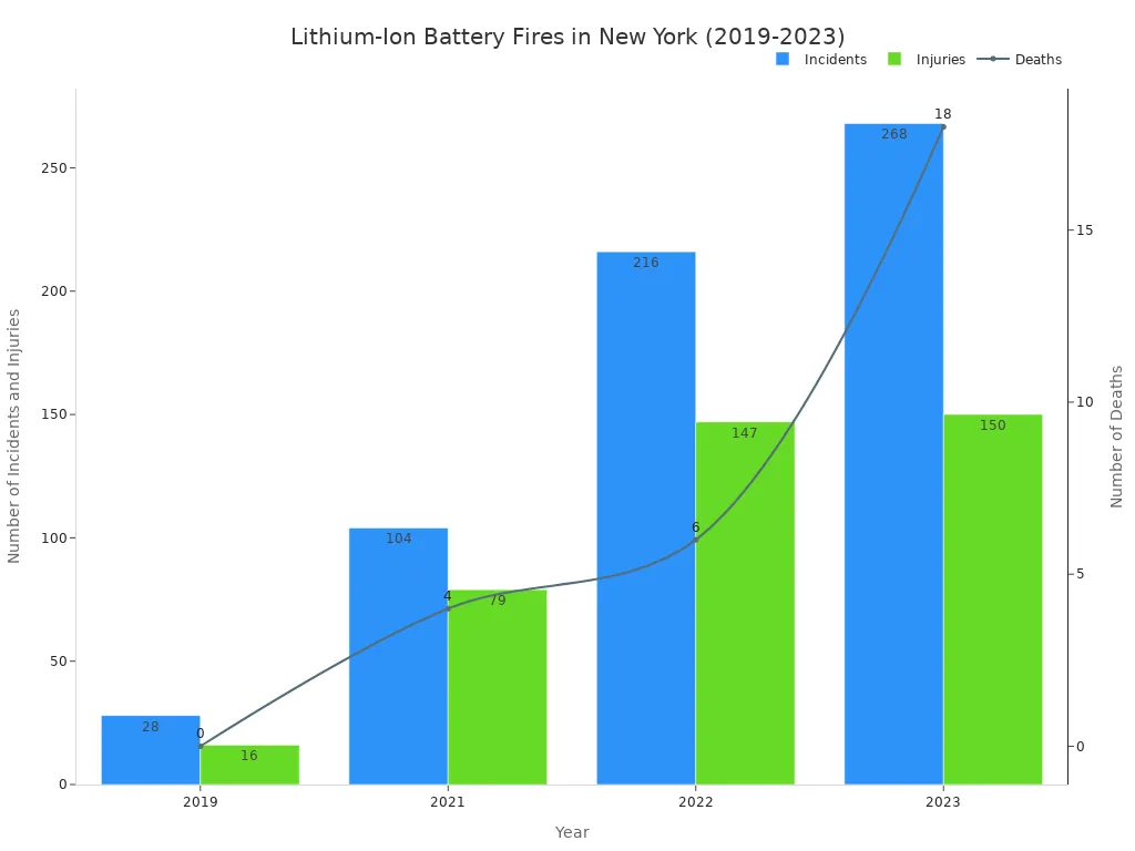 A bar and line chart showing the number of incidents, injuries, and deaths from lithium-ion battery fires in New York between 2019 and 2023. The chart indicates a significant and steady increase across all three categories over the years.