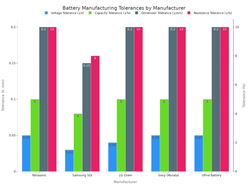 A grouped bar chart comparing the voltage, capacity, dimension, and resistance tolerances for batteries from Panasonic, Samsung SDI, LG Chem, Sony (Murata) , and Ufine Battery. A secondary y-axis is used for percentage-based tolerances.
