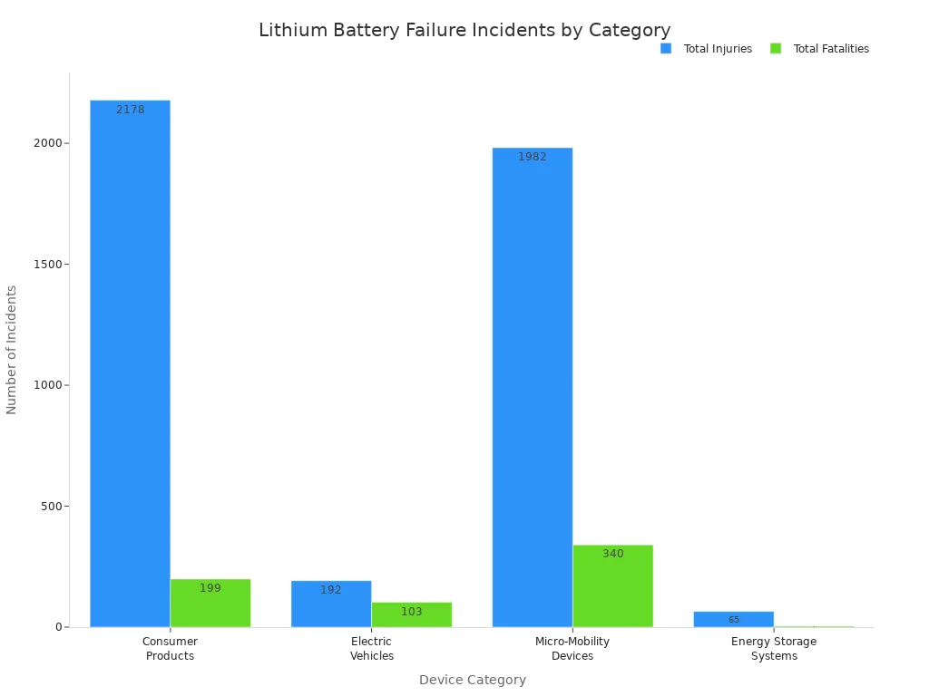 A bar chart comparing total injuries and fatalities from lithium battery failures across four categories: Consumer Products, Electric Vehicles, Micro-Mobility Devices, and Energy Storage Systems.