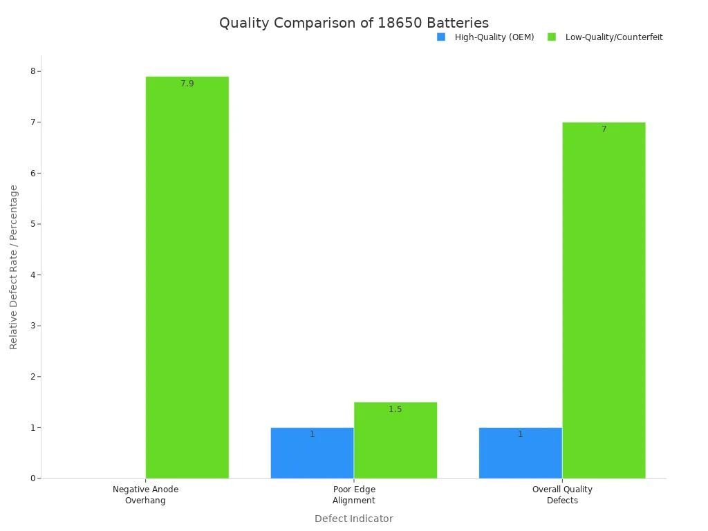 A bar chart comparing high-quality and low-quality 18650 batteries. The chart shows that low-quality batteries have a significantly higher rate of negative anode overhang, poor edge alignment, and overall quality defects compared to high-quality OEM batteries.