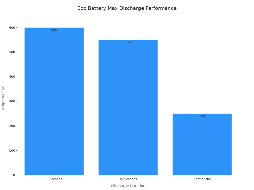 A bar chart showing the maximum discharge amperage for the Eco Battery. The rates are 600A for 5 seconds, 550A for 10 seconds, and 250A for continuous discharge.